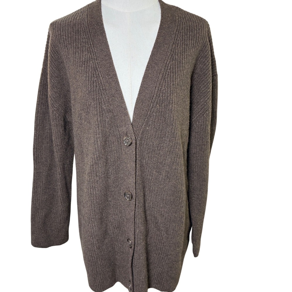 Quince 100% Cashmere Cardigan Oversized Boyfriend Ribbed Brown Quiet Luxury M